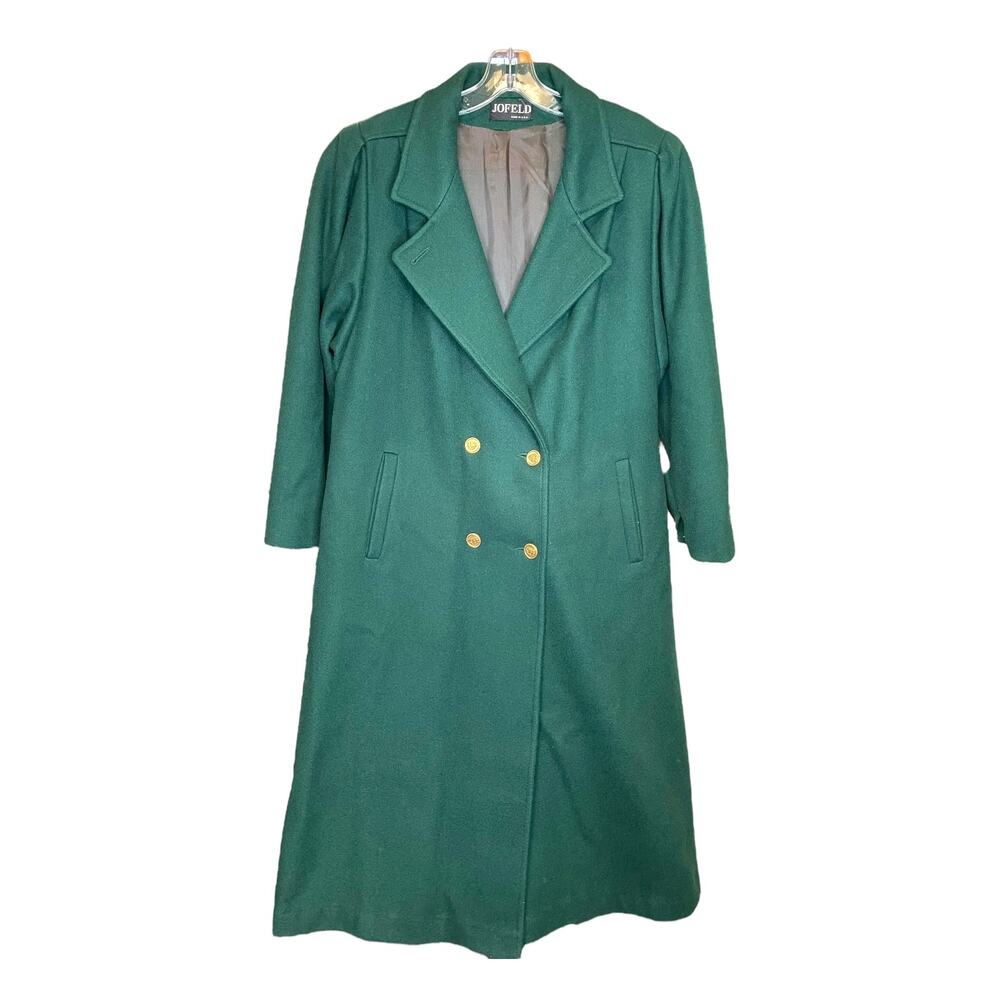 Vtg Jofeld Emerald Green Wool Blend Double Breasted Maxi Overcoat Trench Coat XL